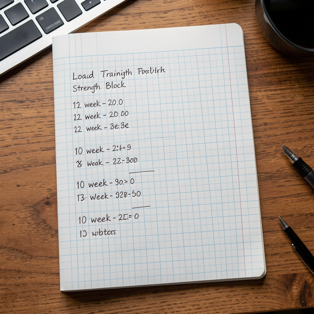 Hand-written training log on graph paper showing load progression entries for a 10-week strength block on a wooden desk surface