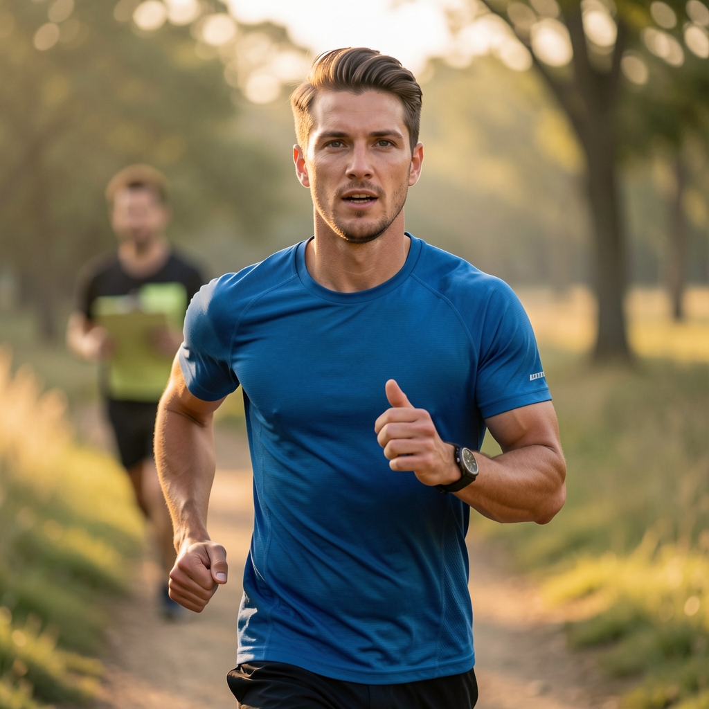 Athlete running on a trail through parkland at early morning, tracked by coach with clipboard nearby