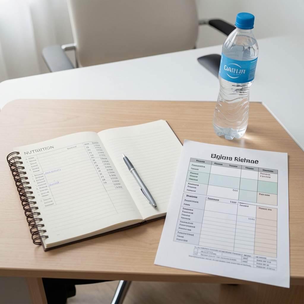 Notebook and nutrition log open on a clean desk beside a water bottle and training schedule printout